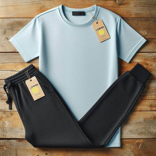 Lemon Tart Mens Plain T-Shirt and Jogger Pants Set - LTMTSPS1 - Light Blue Black
