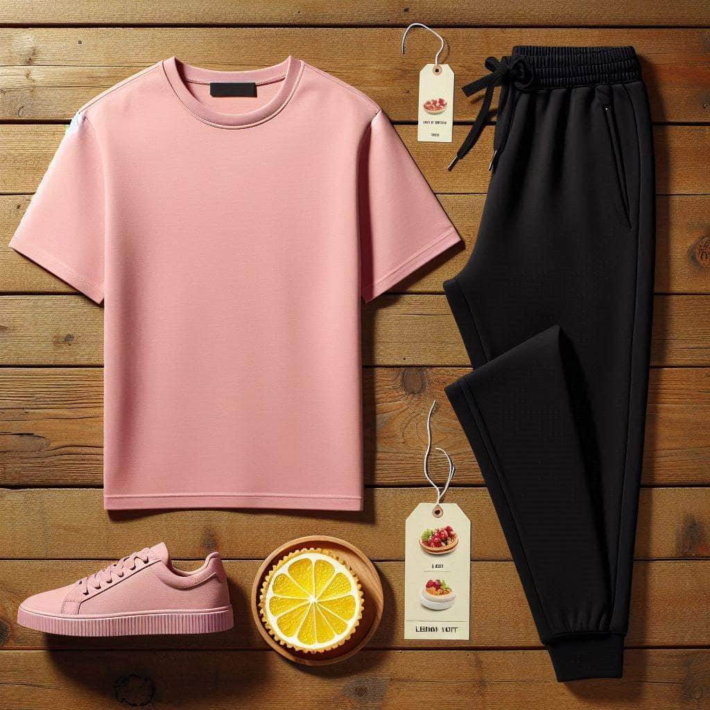 Lemon Tart Mens Plain T-Shirt and Jogger Pants Set - LTMTSPS1 - Pink Black