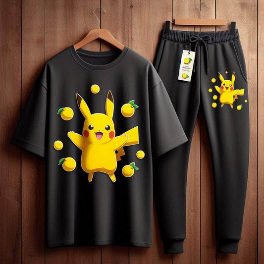 Lemon Tart Printed Oversized T-Shirt and Jogger Pants Set - LTUSTPS2 - Black Black