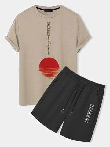 Mens Printed T-Shirt and Shorts Co Ord - LTMWCO17 - Cream Black