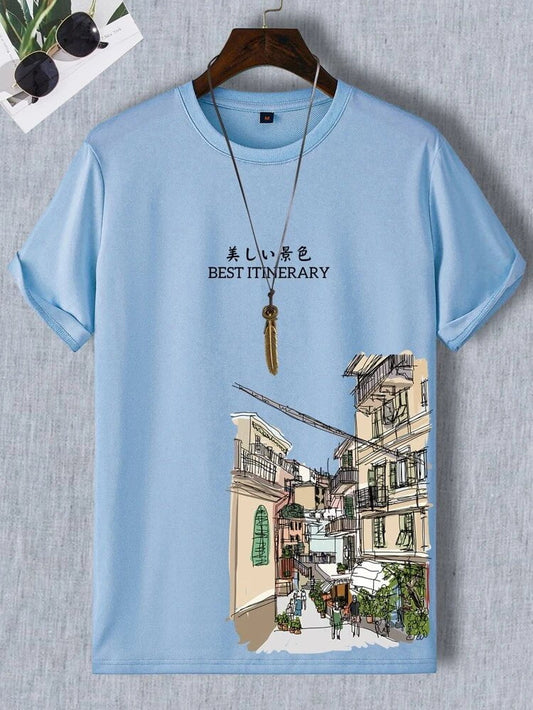 Mens Sticker Printed T-Shirt - LTMPRT24 - Light Blue